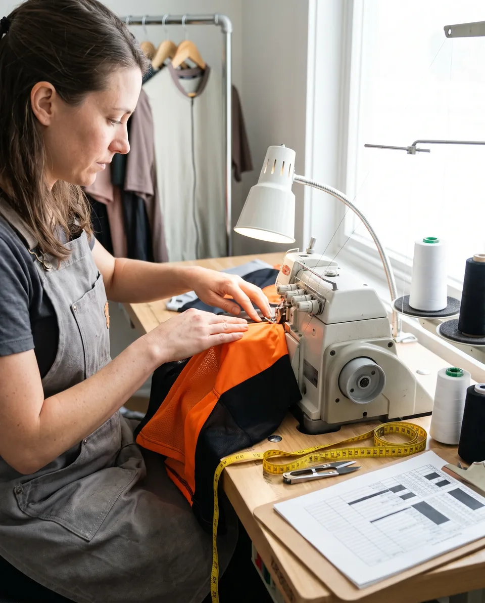 Sample technician sewing a sample jersey seam on a flatlock machine at the sample bench