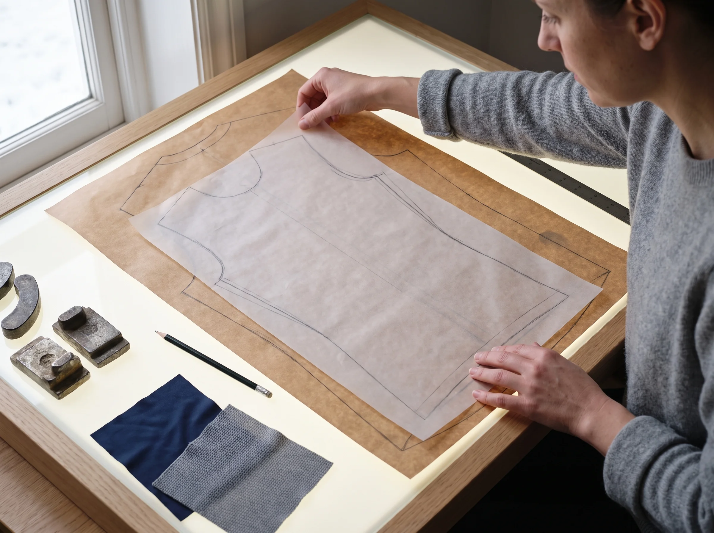 Two pattern sheets overlaid on a light table to compare panel lines