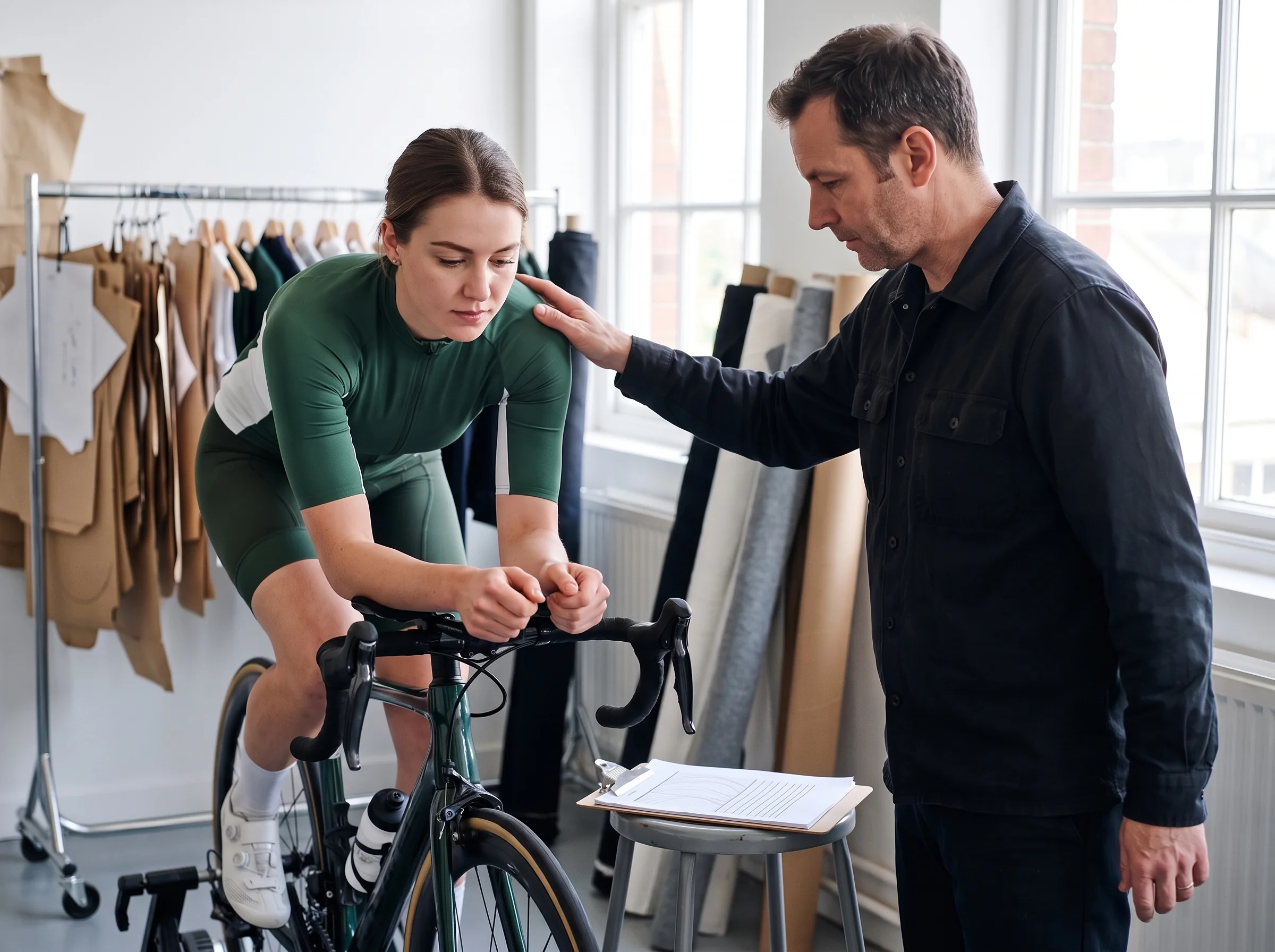 Pattern maker running a flat hand across the front of the shoulder of a sample jersey on a rider held in race position