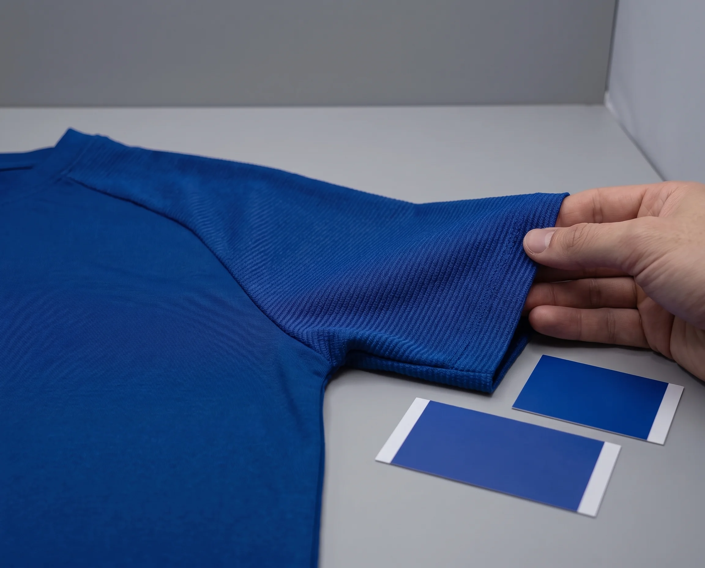 Textured-surface knit sleeve beside the smooth front panel of an aero sample jersey under D65 light, with a signed colour card for each fabric