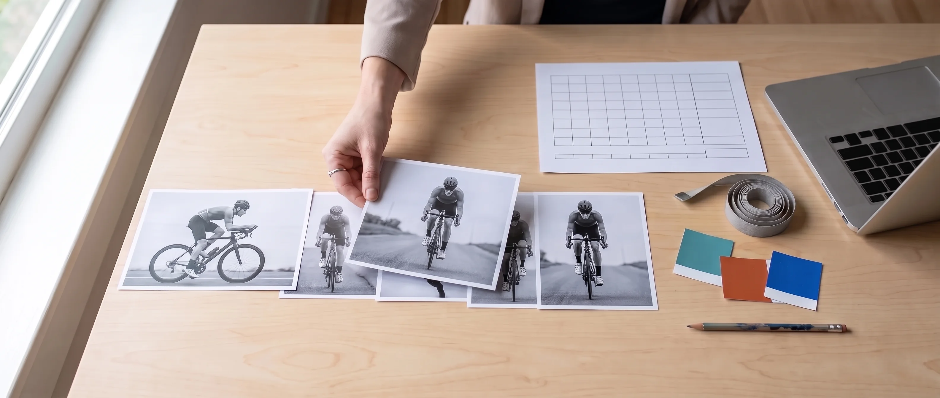 Development desk with printed race-position photos, a blank size chart sheet and colour cards