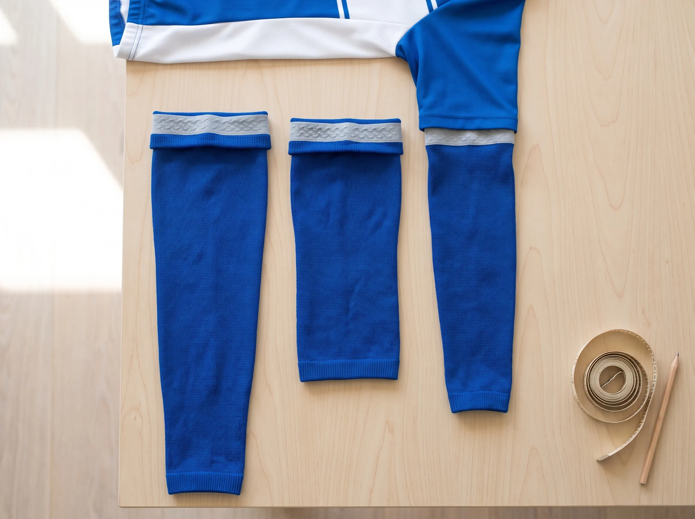 An arm warmer, a knee warmer and a leg warmer laid flat side by side