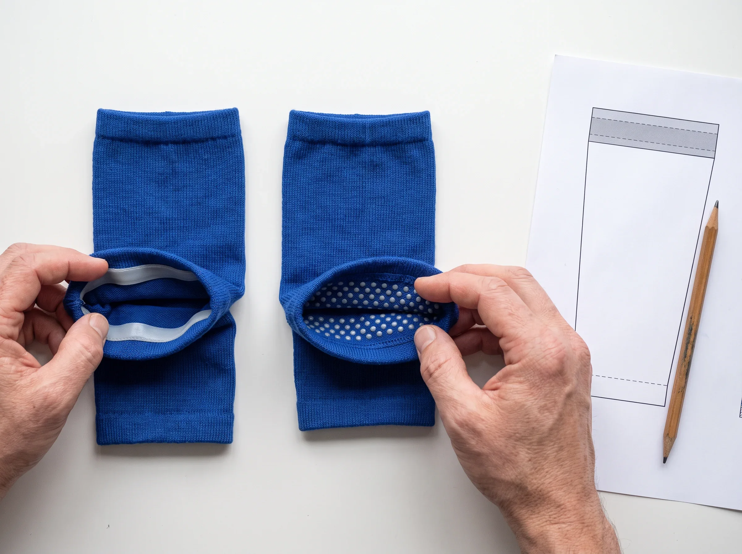 Two warmer top openings turned inside out, one with a sewn silicone gripper band and one with silicone embossing