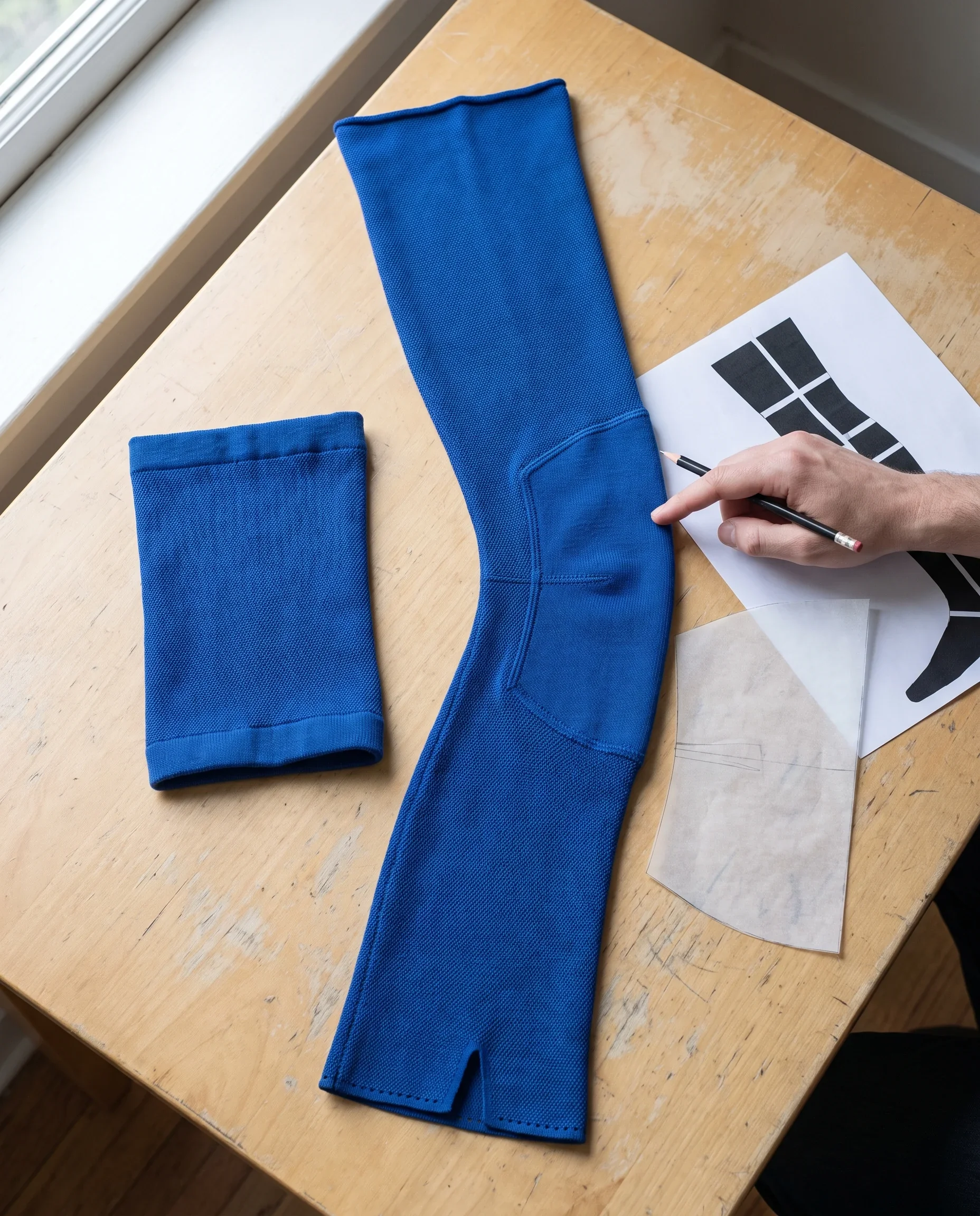 A leg warmer laid flat with its separate knee-front panel, a laser-cut ankle edge and a folded hem sample beside it