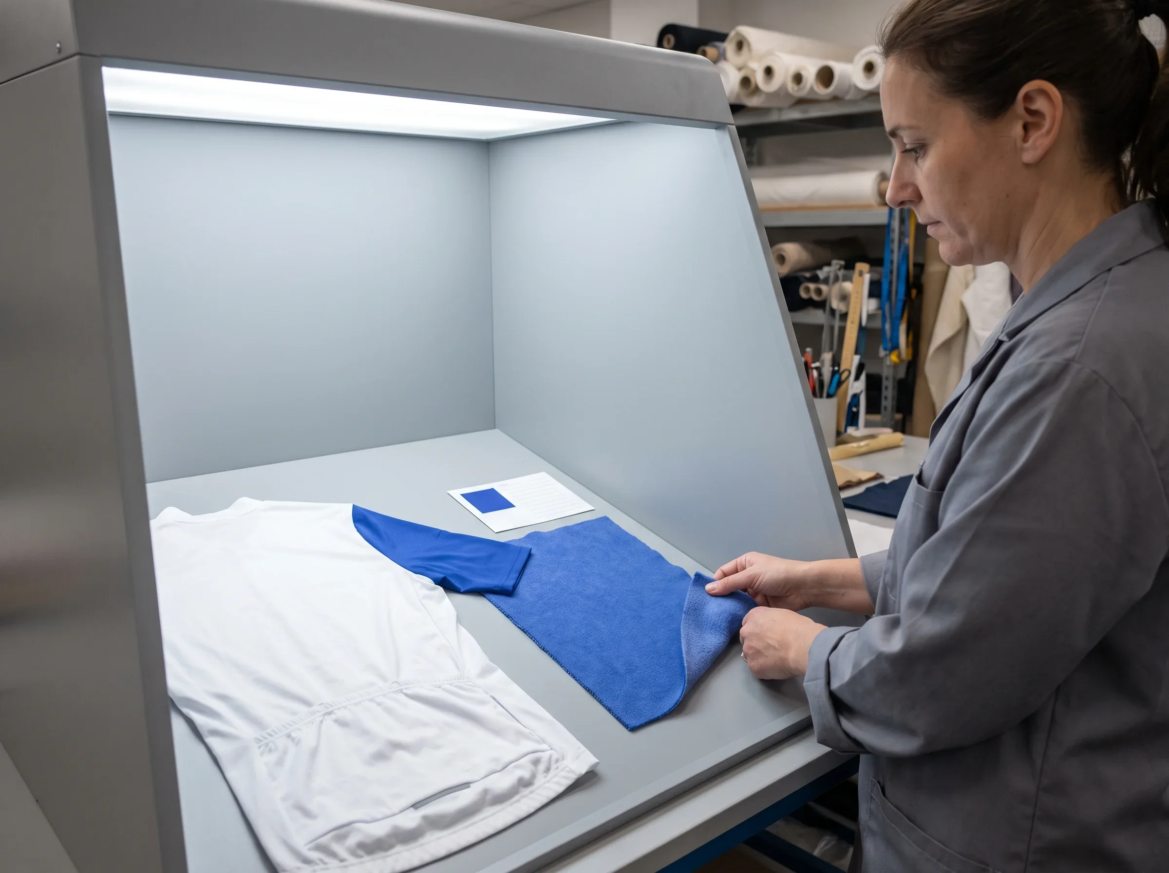 A brushed-back fabric strike-off compared beside a reference jersey sleeve in a D65 light booth