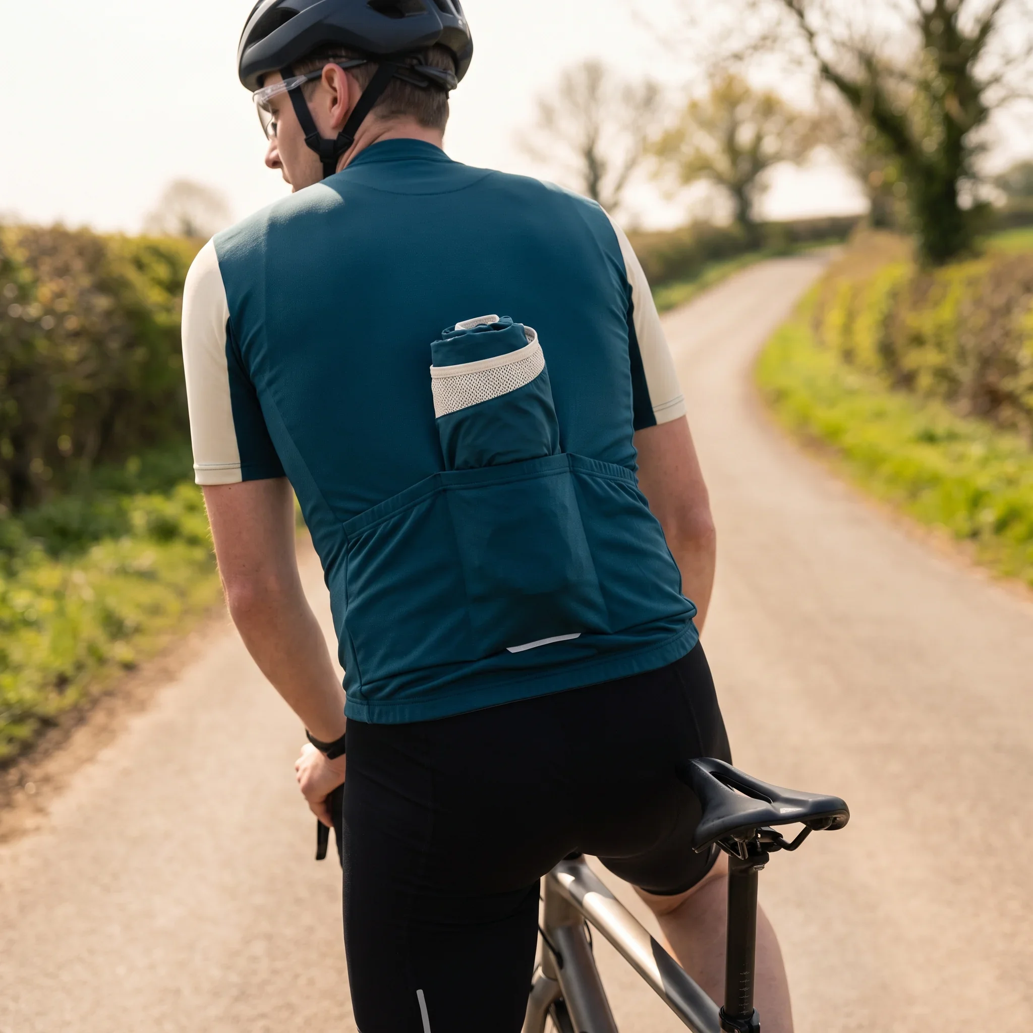 A rider climbing in a short sleeve race jersey with a rolled gilet tucked into the centre rear pocket
