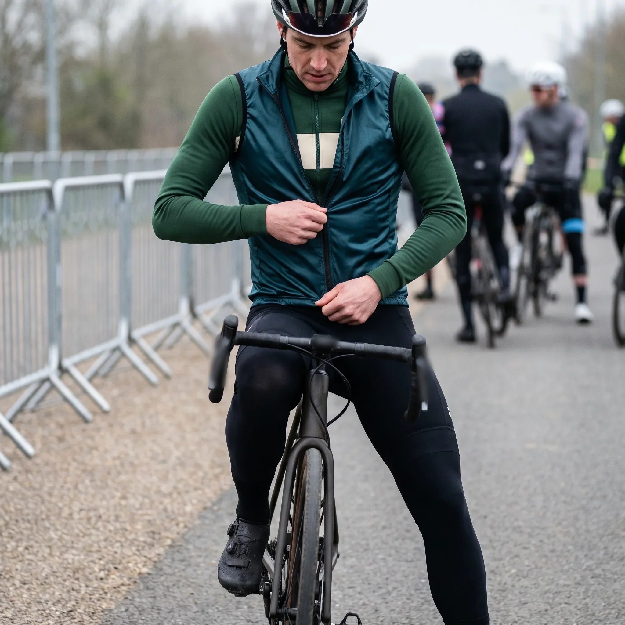 A rider zipping a cycling gilet over a long sleeve thermal jersey