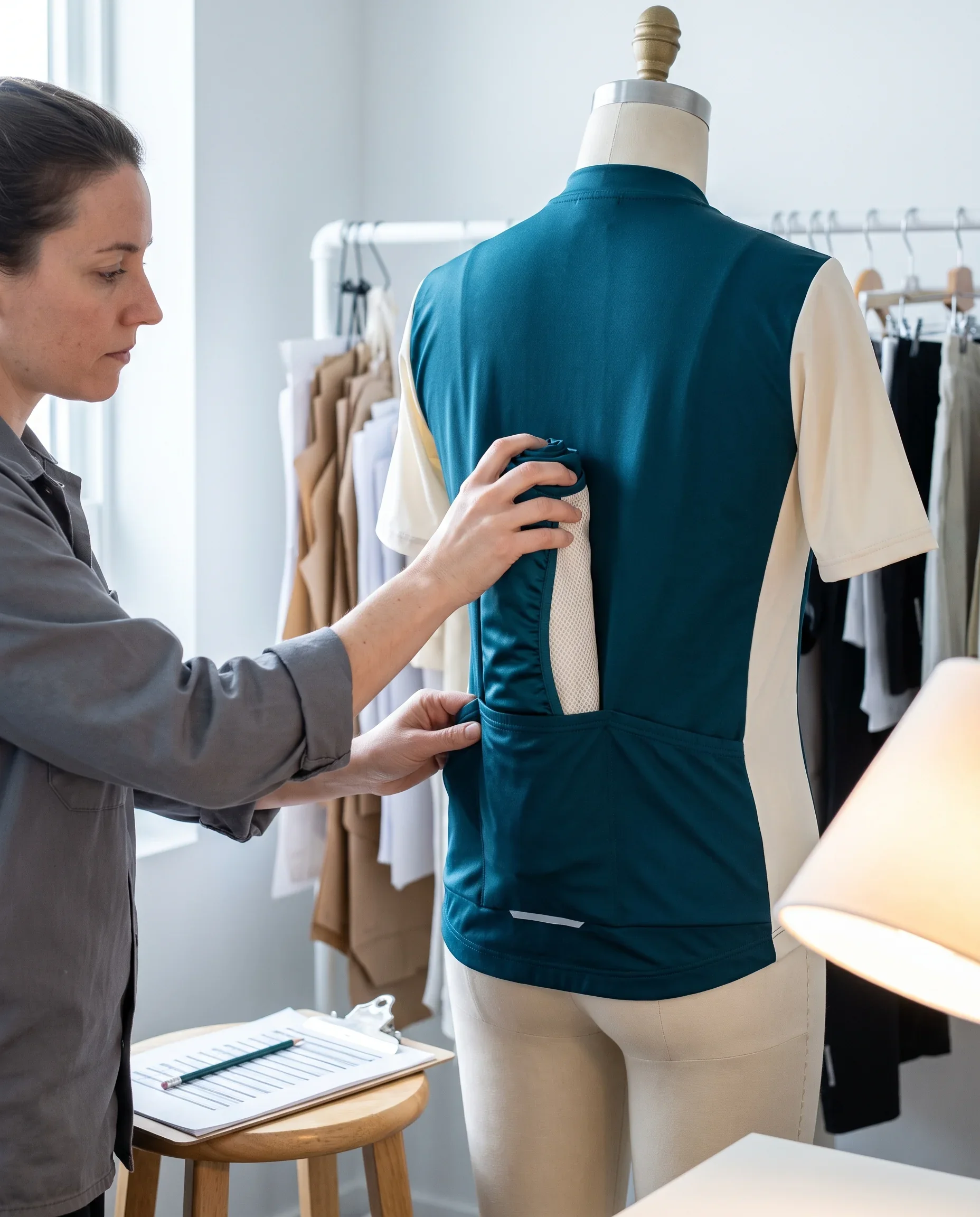 Pattern maker rolling a gilet sample and pushing it into the rear pocket of a jersey sample on a dress form