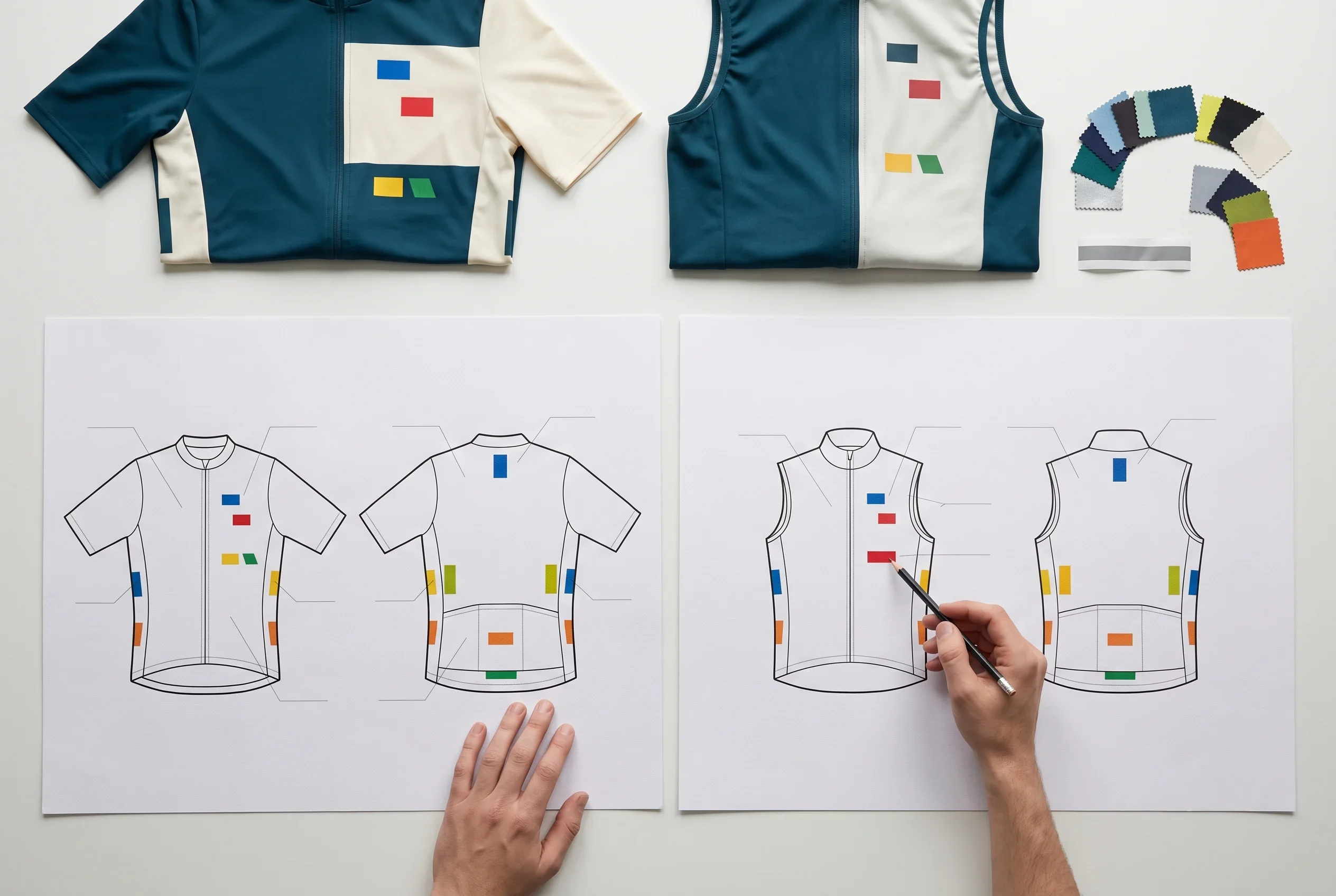 Jersey and gilet placement sheets laid side by side on a desk, with the two samples beside them