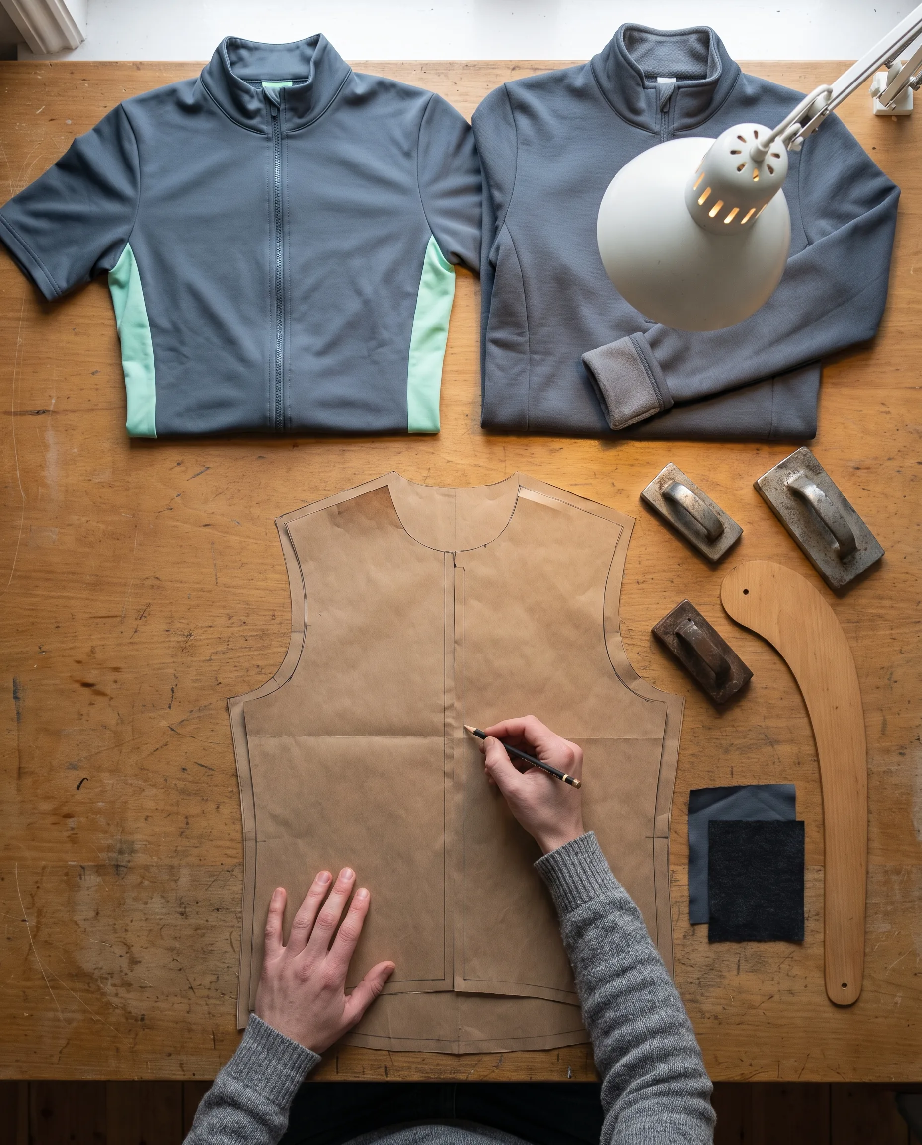 A pattern maker drafting a gilet pattern laid over the pattern of the thicker of two jerseys it is worn over