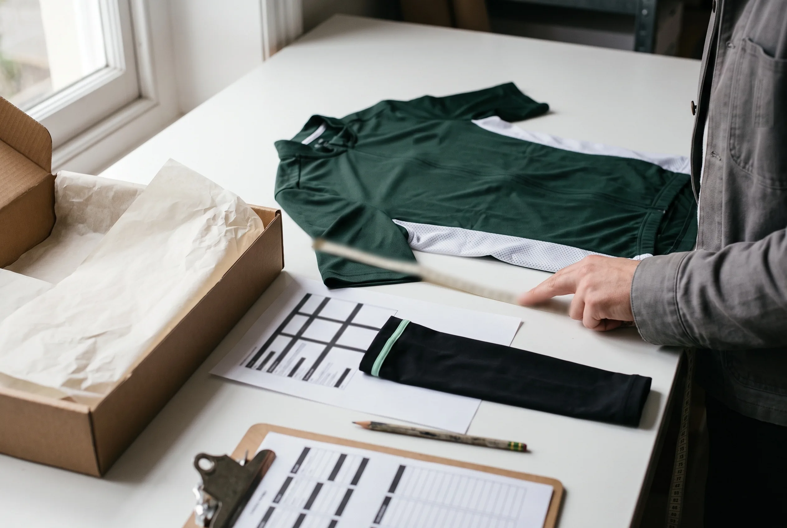 A technician measuring the sleeve cuff of a client's reference jersey beside its size chart