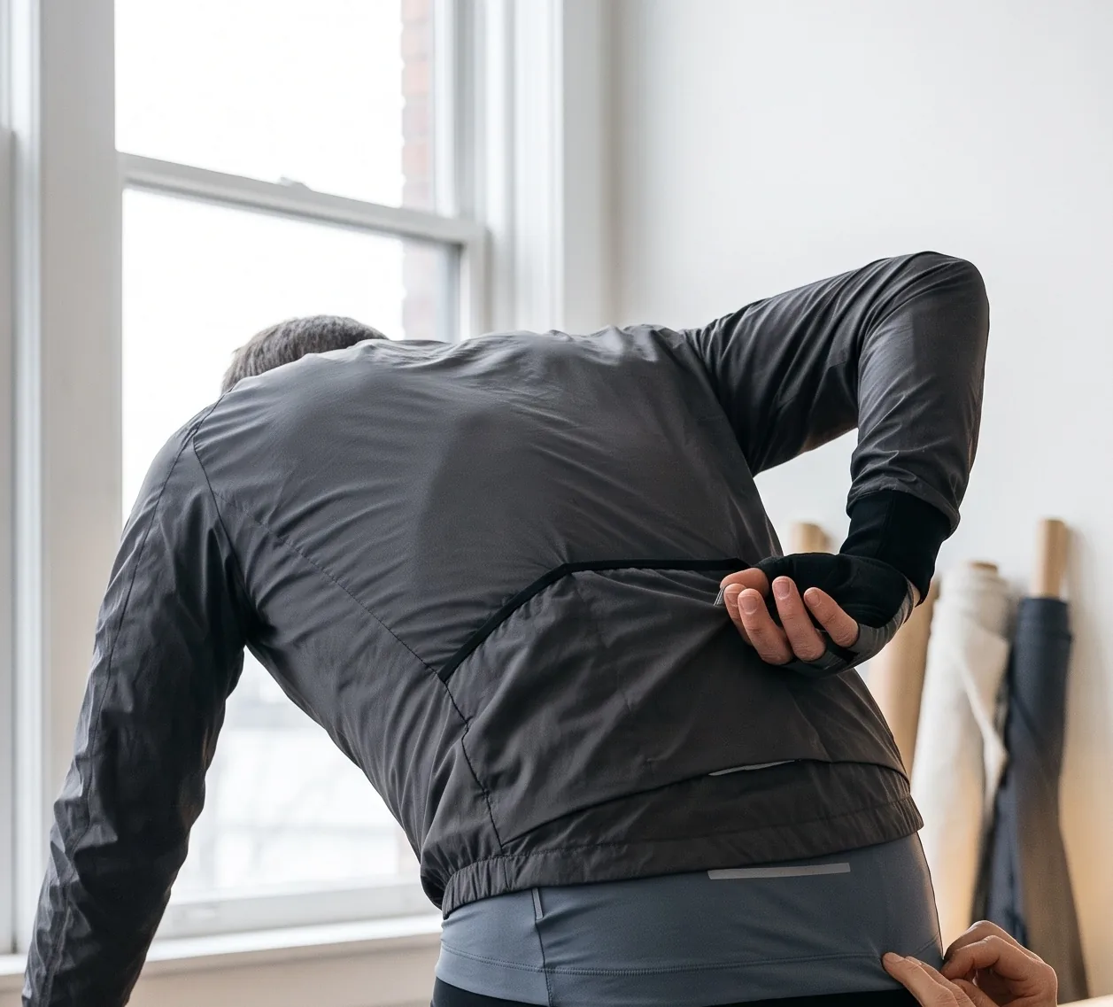 A rider low on an indoor trainer while the pattern maker checks that the jacket's back hem covers the jersey hem