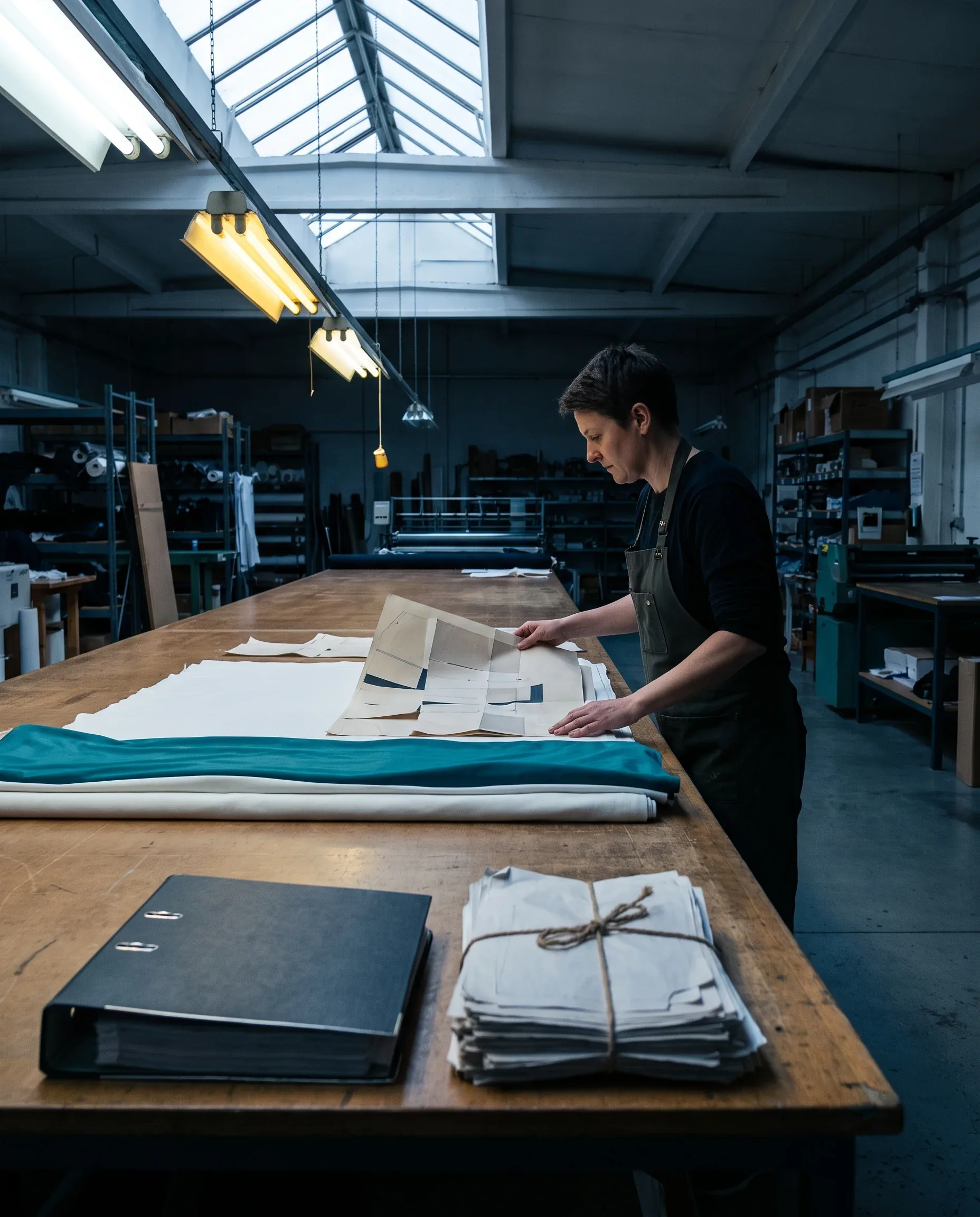 Graded paper patterns laid on a long cutting table ready for production