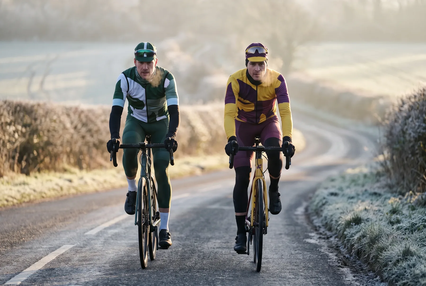 Two riders in long-sleeve race jerseys, gilets and arm warmers on a cold morning road