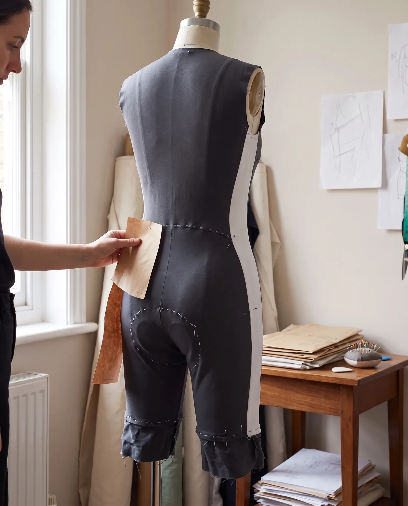 Development sample of a skinsuit on a dress form with paper patterns pinned beside it