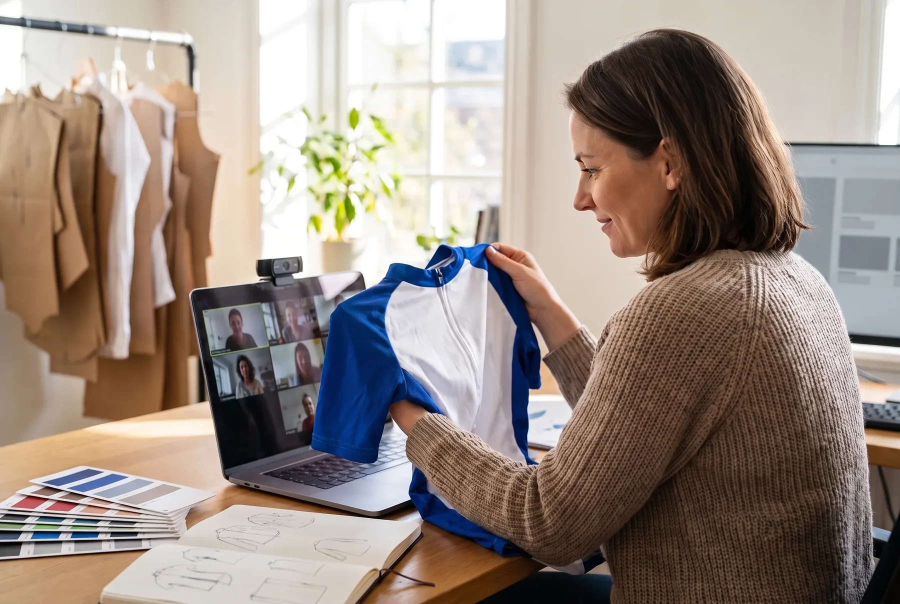 Development manager on a video call holding up a sample sleeve to the camera