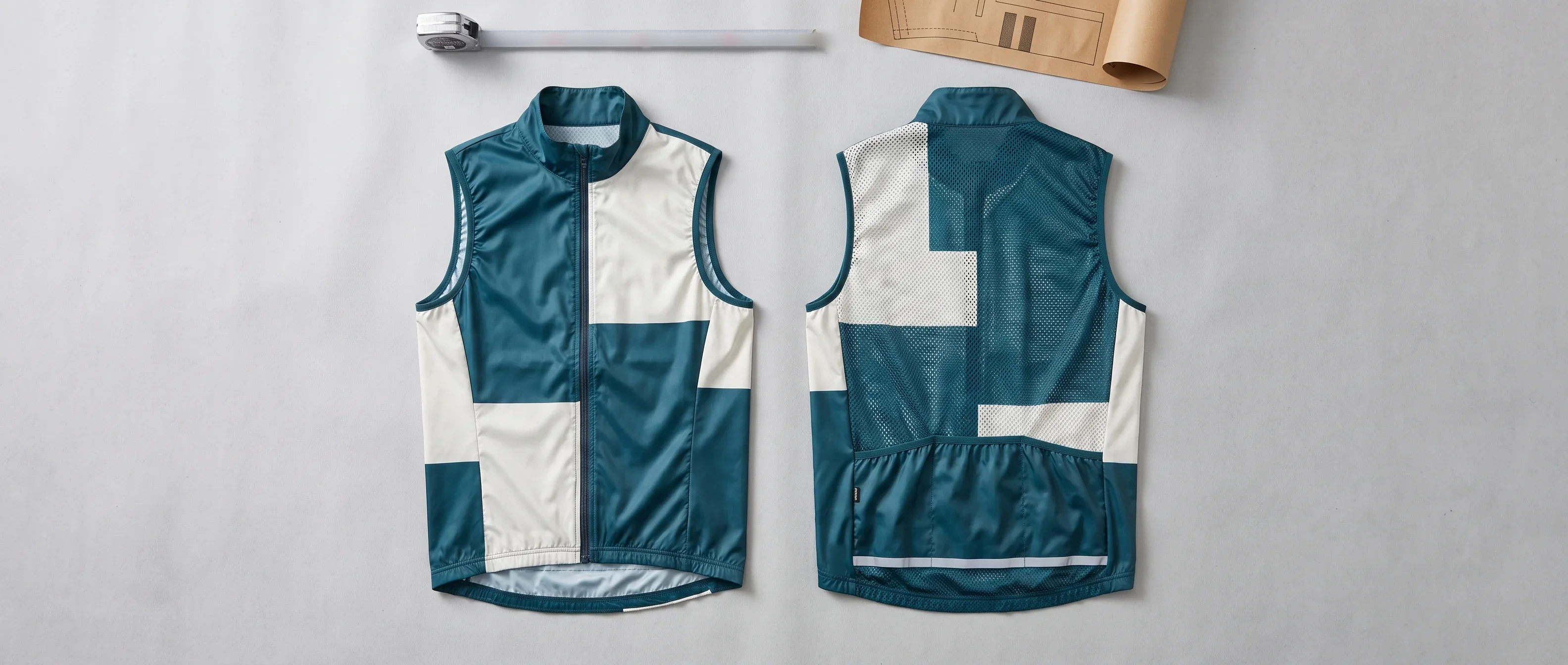 Two matching cycling gilets side by side, one showing the windproof laminate front and one turned to show the mesh back