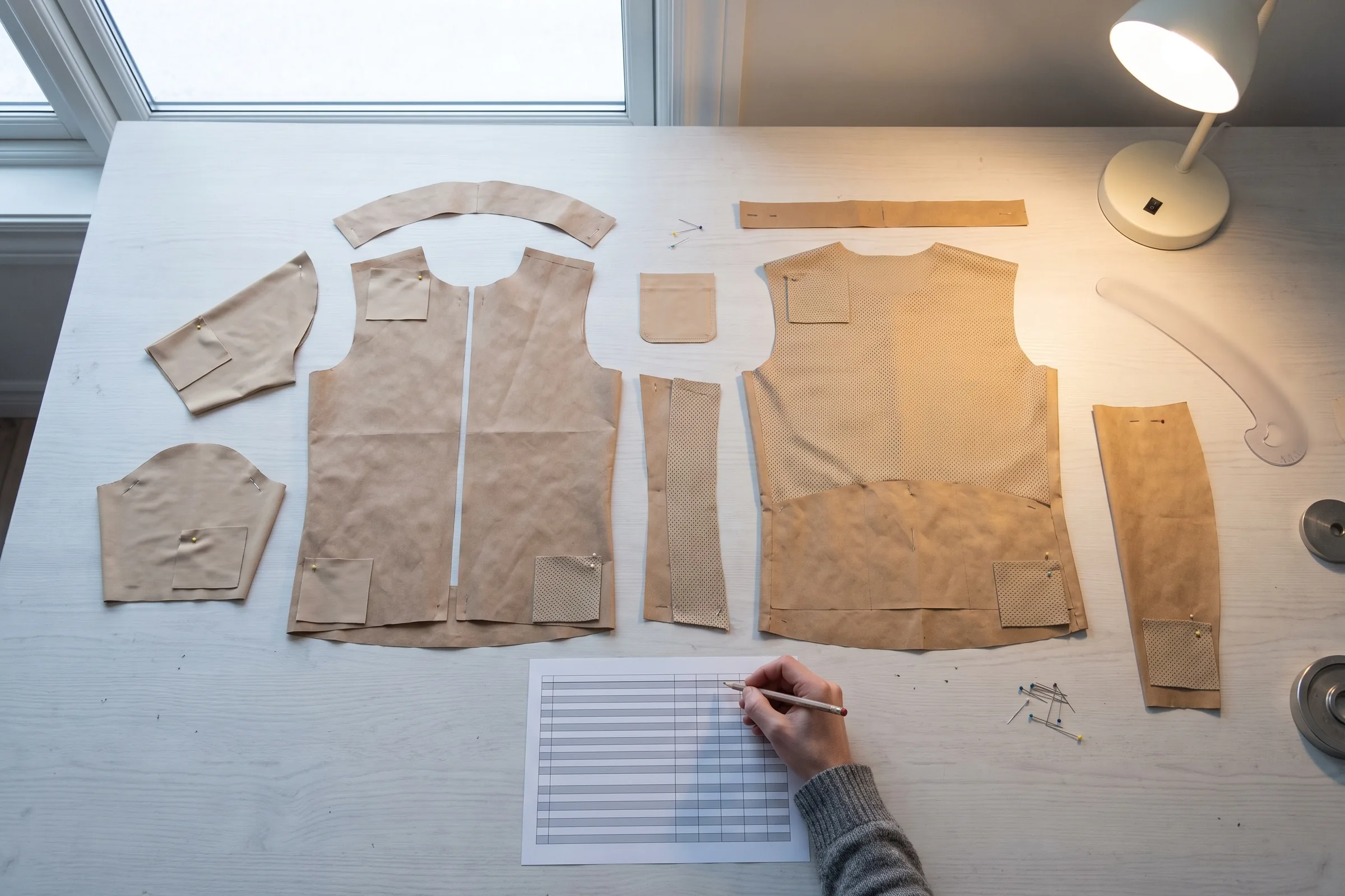Paper pattern pieces of a race jersey laid out on the pattern table, each with a small swatch of the base fabric proposed for it pinned to its corner
