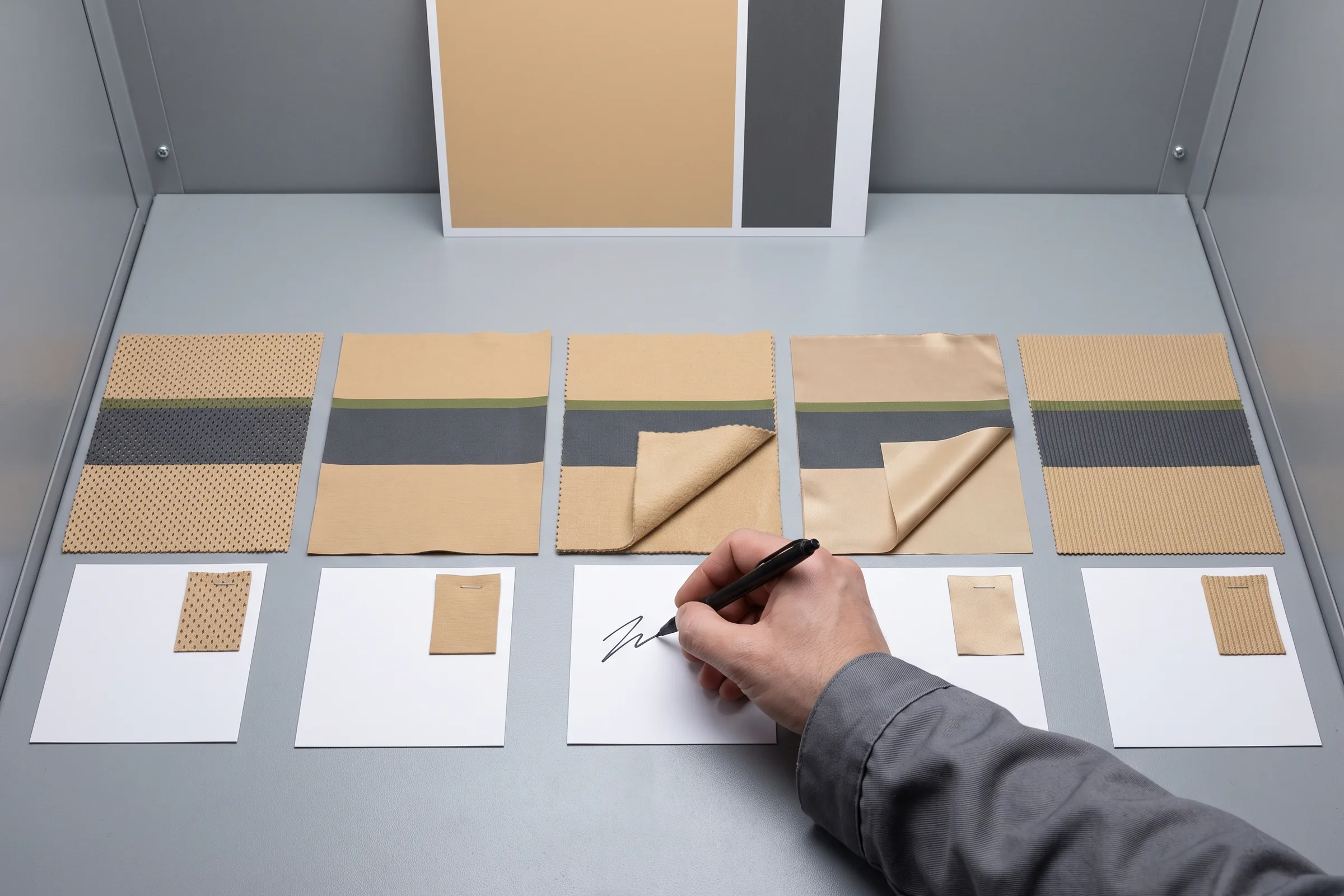 Five strike-offs, one for each base fabric, laid in a row in a D65 light booth while the technician signs one colour card