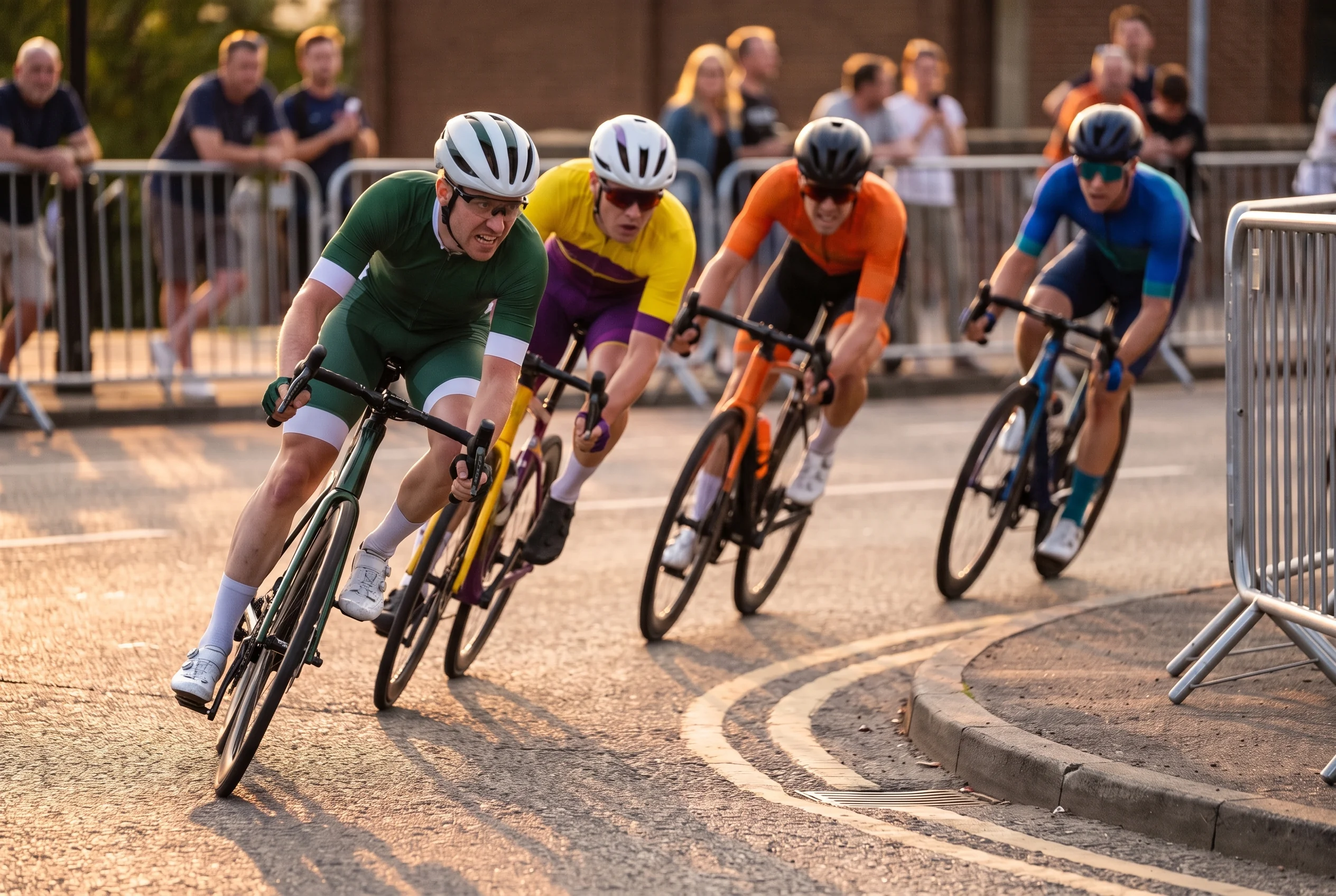 Riders in close-fitting short sleeve race jerseys leaning low through a corner in a city criterium