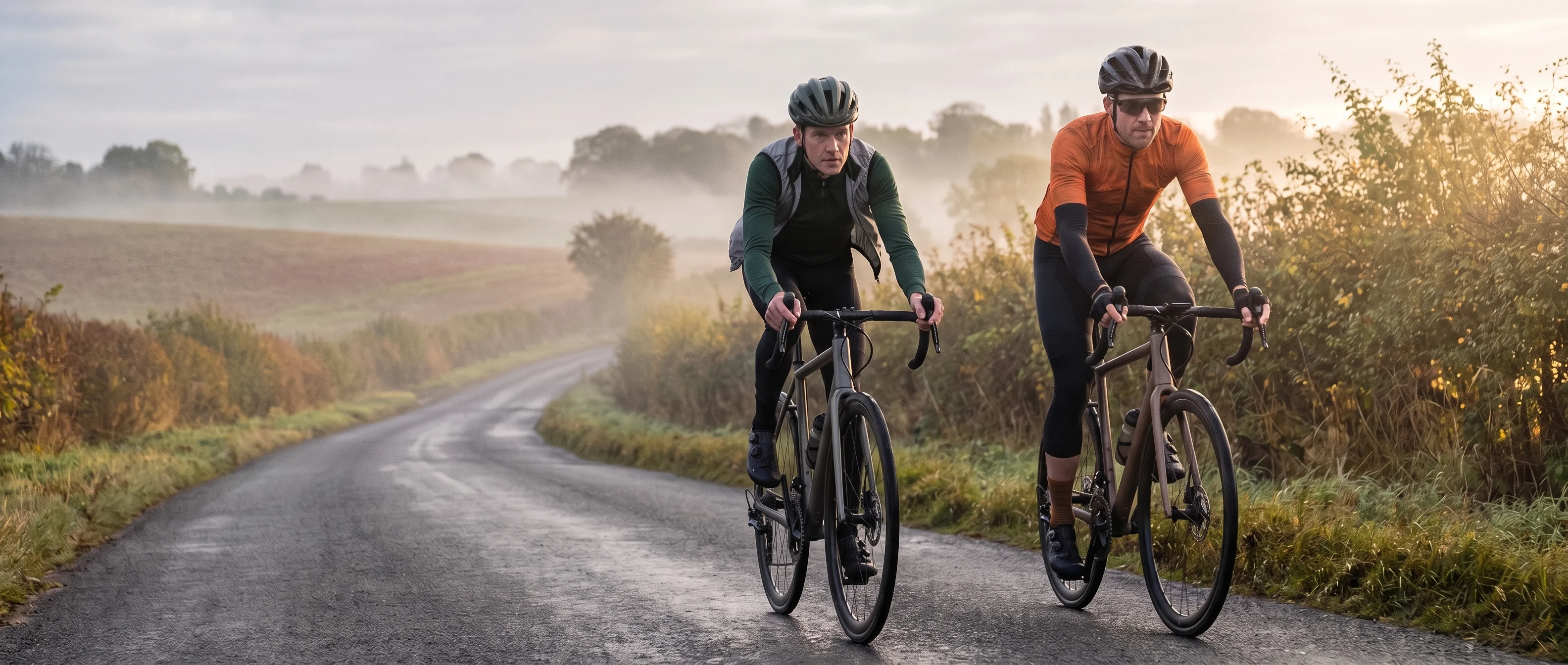 Two riders in long sleeve jerseys and a gilet on a misty morning road