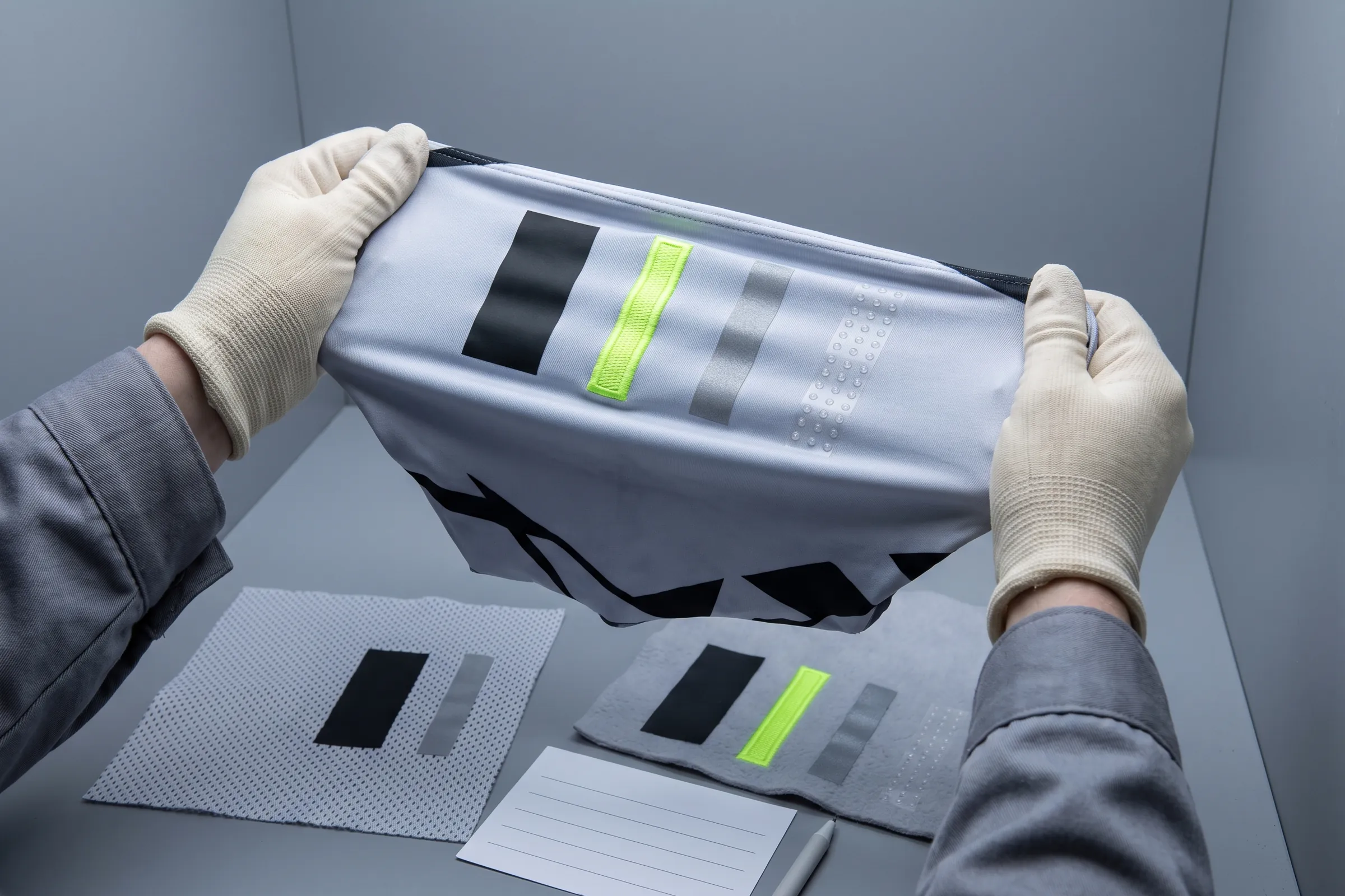 A colour and print technician pulling a decorated strike-off by hand to check the edges of each mark