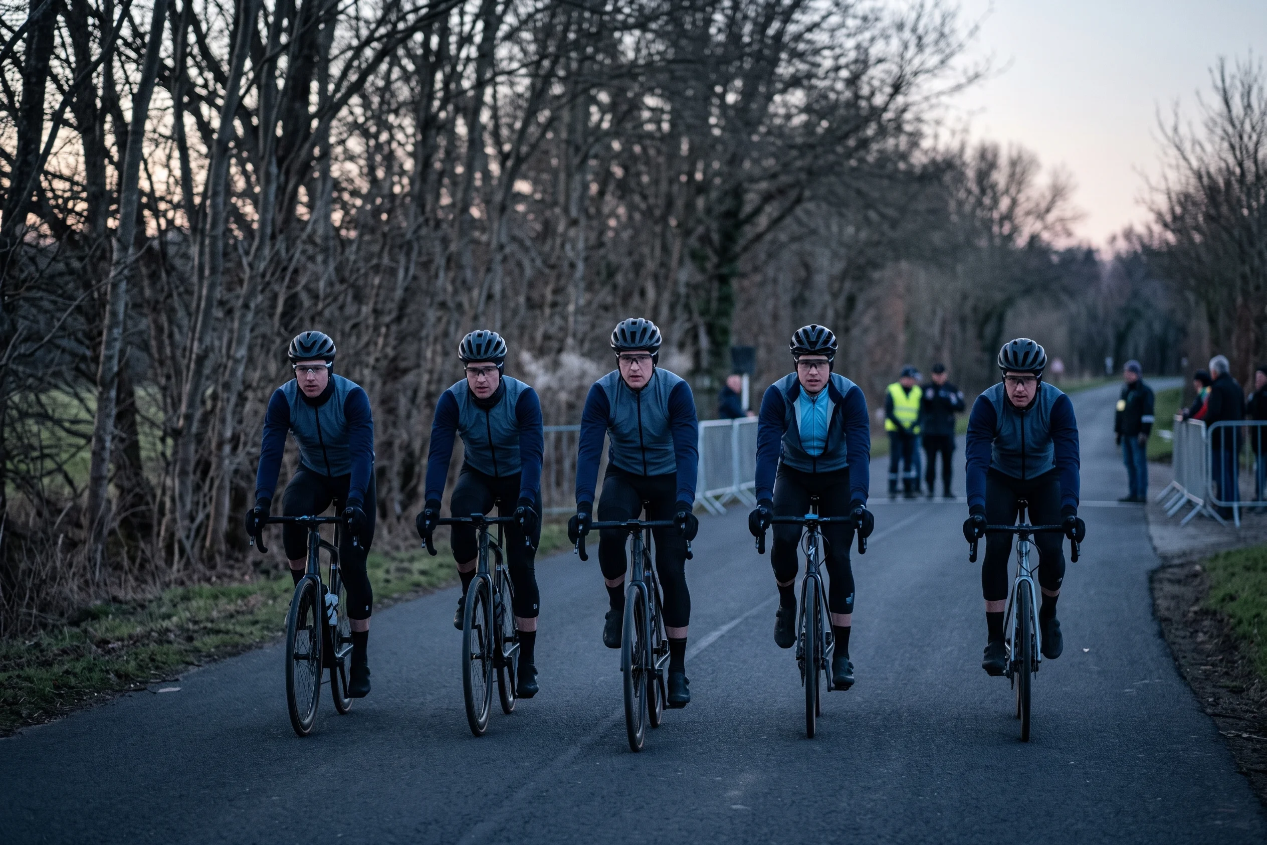 Riders in windproof jackets, arm warmers and leg warmers rolling out before a cold early-season road race
