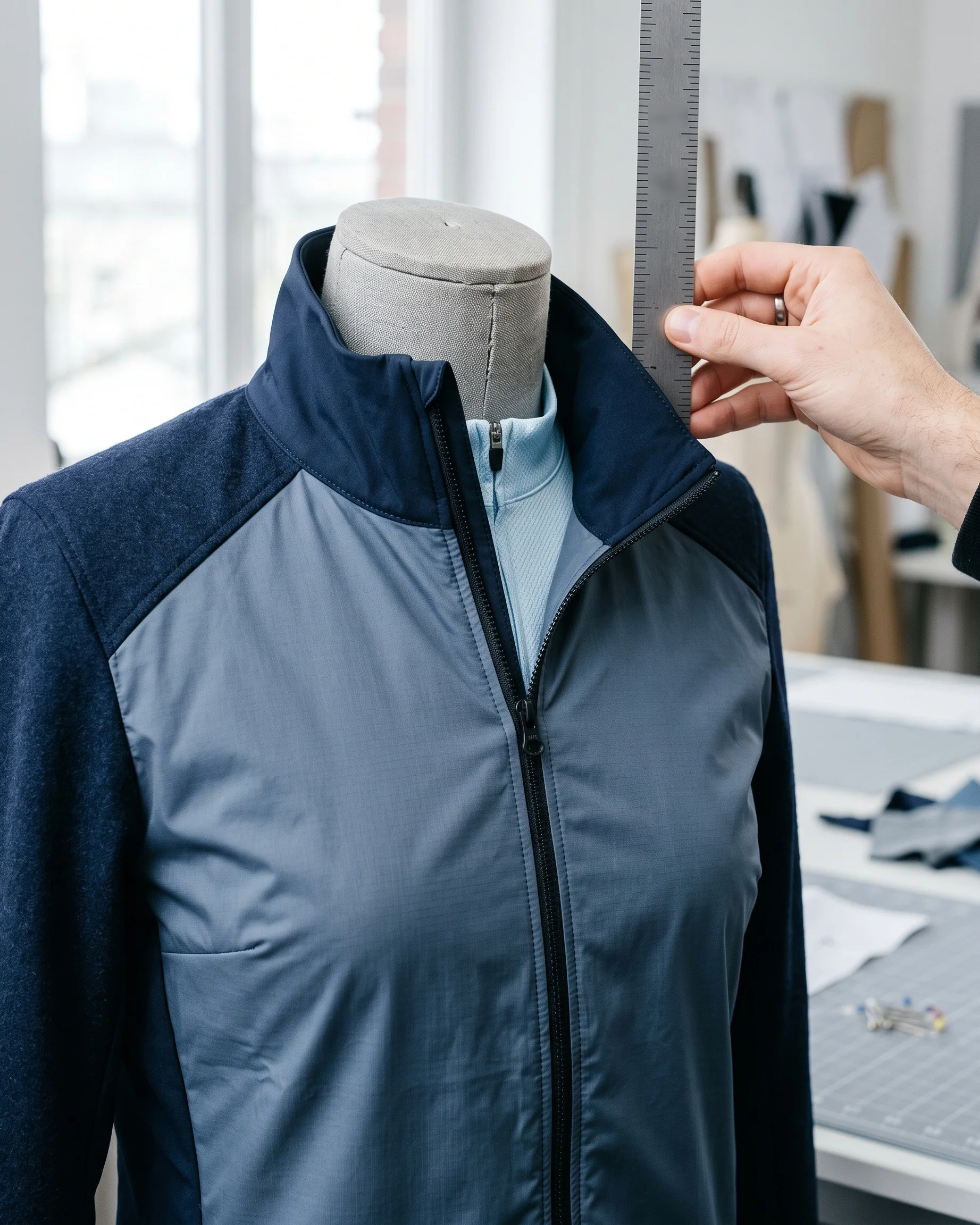 Close-up of the jacket collar sitting over the jersey collar, with the full-length front zip